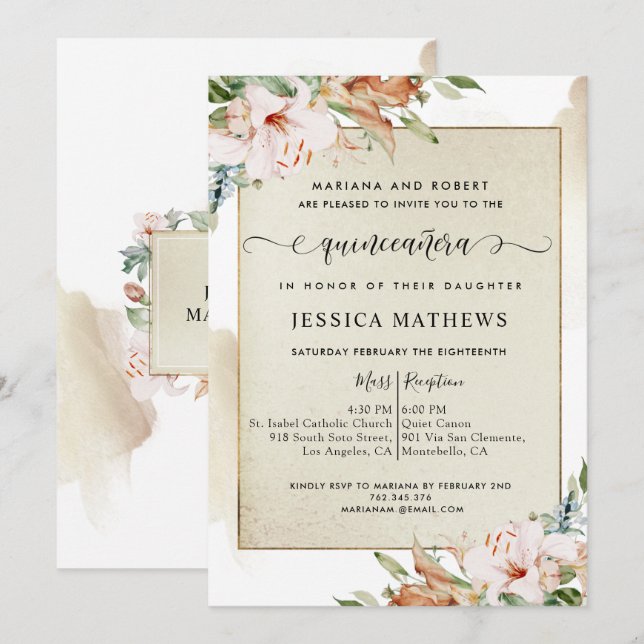 Champagne and Blush Pink Floral Quinceañera  Invitation (Front/Back)