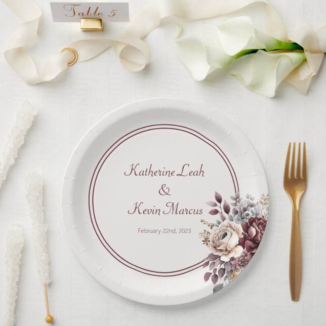 Champagne and Burgandy Floral Wedding Paper Plate (Wedding)