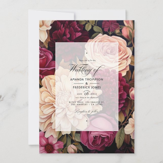 Champagne and Burgundy Floral Wedding Invitation (Front)