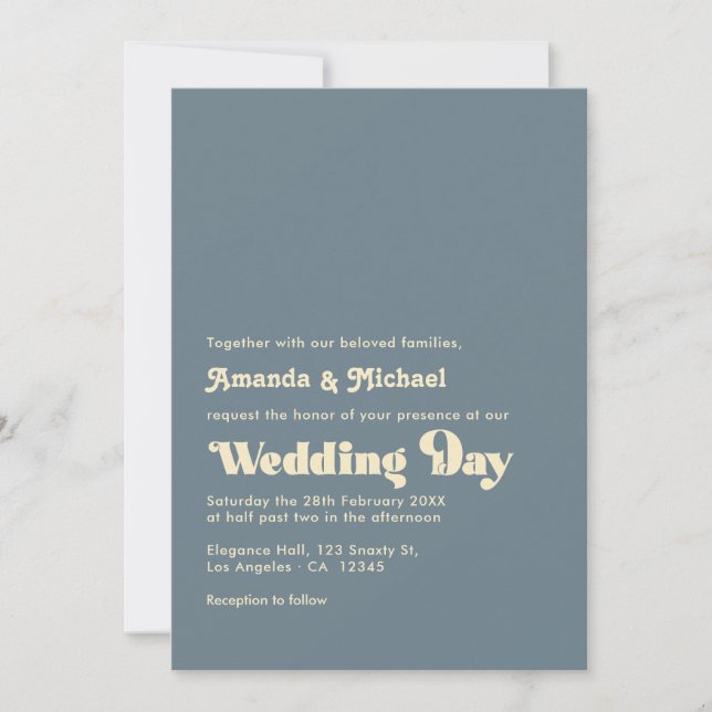 Champagne and Dusty Blue Typography Wedding Invitation (Front)