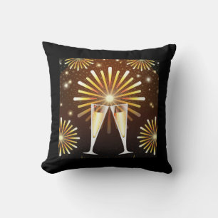 Champagne and Fireworks Celebration Black & Gold Cushion