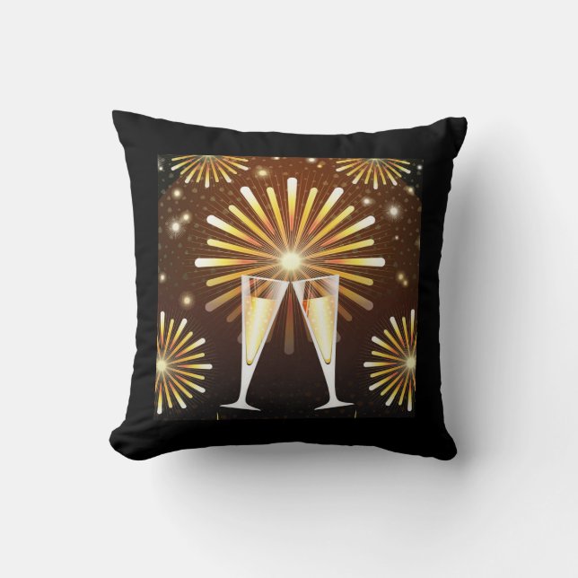 Champagne and Fireworks Celebration Black & Gold Cushion (Front)