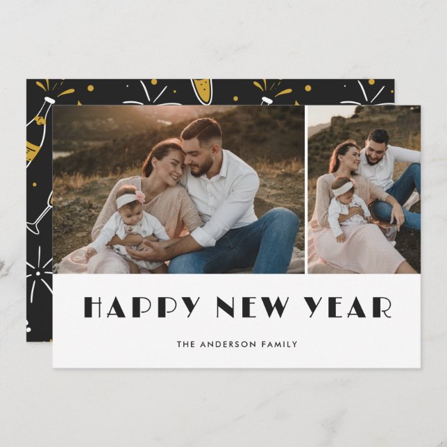 Champagne and Glasses Photo Happy New Year Card (Front/Back)