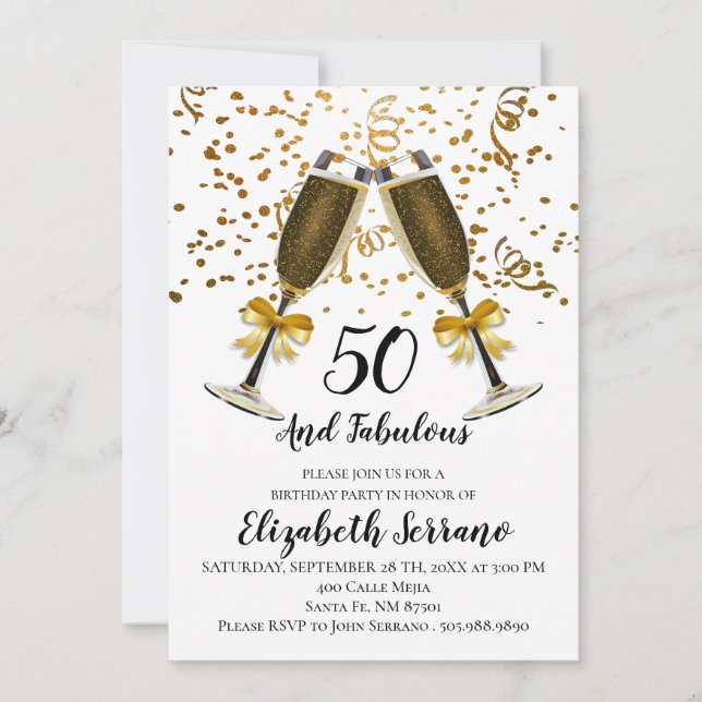 Champagne And Gold Confetti White 50th Birthday Invitation (Front)