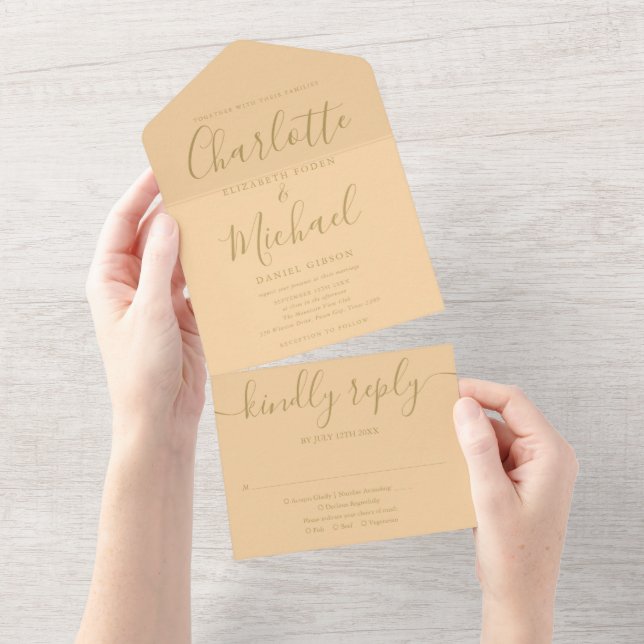 Champagne And Gold Script Minimalist Wedding All In One Invitation (Tearaway)