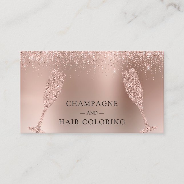 Champagne and Hair Colouring Rose Gold Foil Glitte Business Card (Front)
