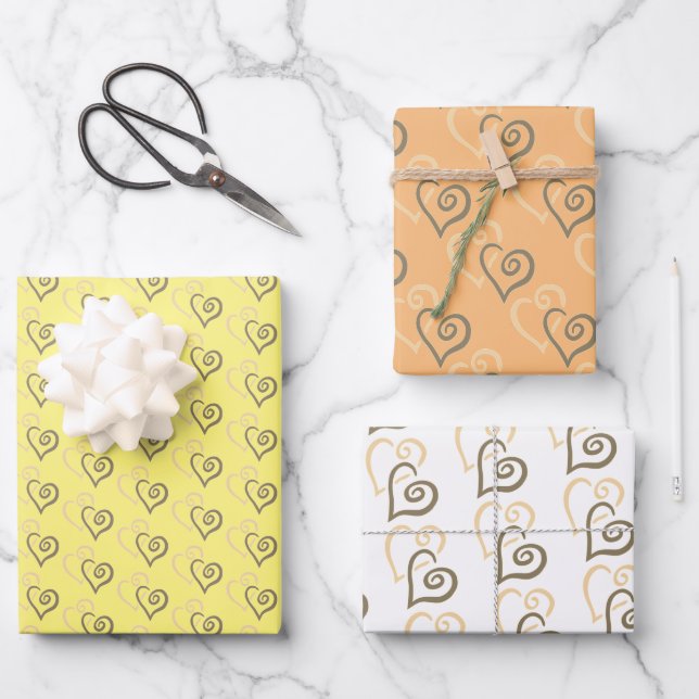 Champagne and Khaki Linked Hearts Pattern Wrapping Paper Sheet (Front)