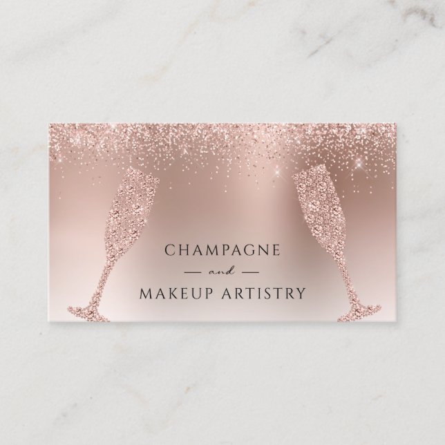 Champagne and Makeup Rose Gold Foil Glitter Business Card (Front)