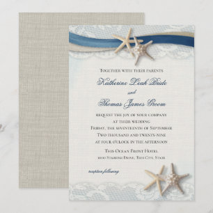 Champagne and Navy Blue Vintage Beach and Lace Inv Invitation