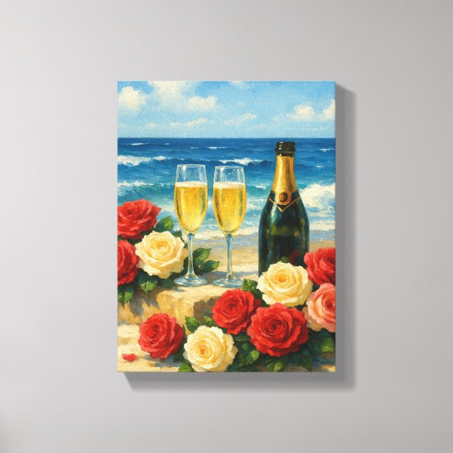 Champagne and Roses on Romantic Beach Canvas Print (Front)