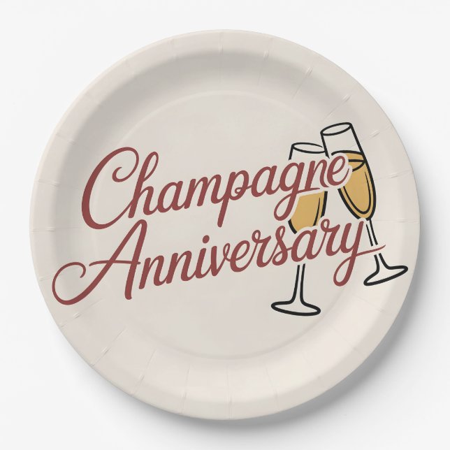 Champagne Anniversary Celebration Script Graphic Paper Plate (Front)