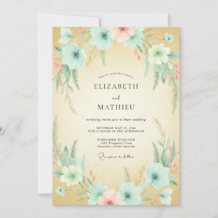 Champagne Aqua Anemone Wedding Invitation