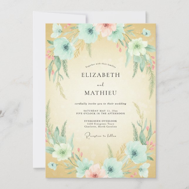 Champagne Aqua Anemone Wedding Invitation (Front)