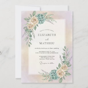 Champagne Aqua Peony Wedding Invitation