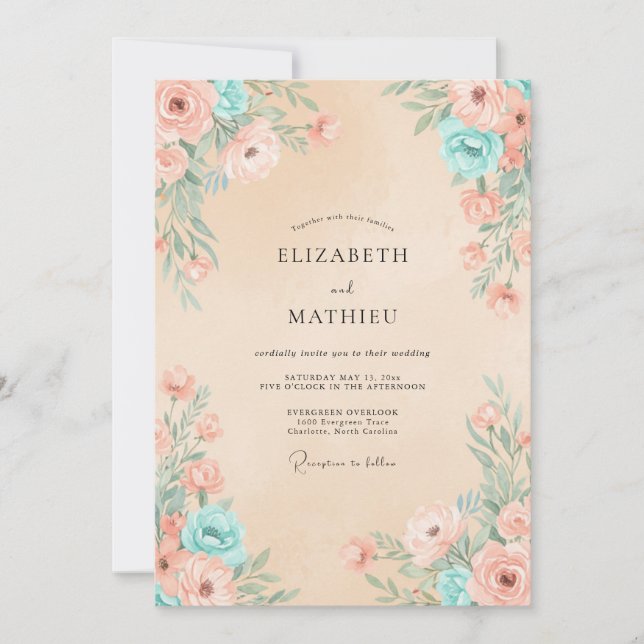 Champagne Aqua Petal Wedding Invitation (Front)