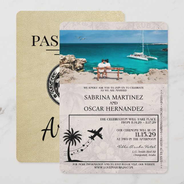 Champagne Aruba Passport Wedding Invitation (Front/Back)