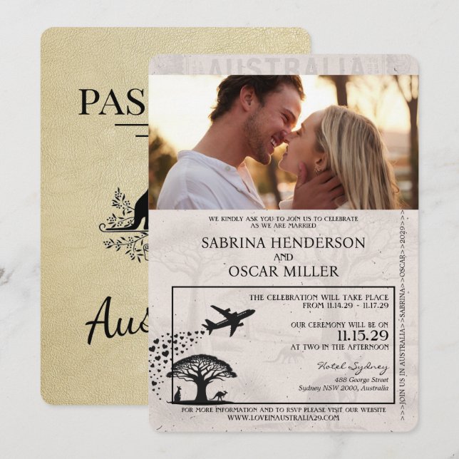 Champagne Australia Passport Wedding Invitation (Front/Back)