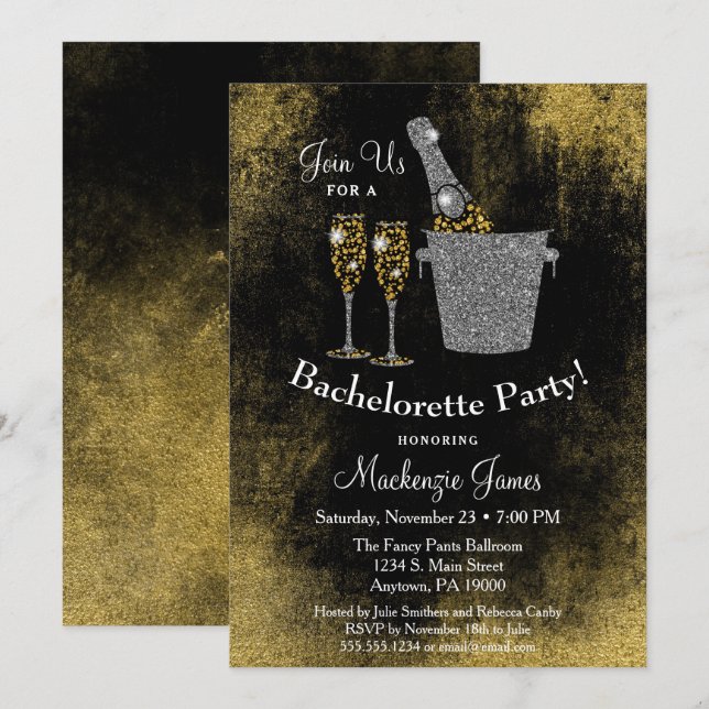 Champagne Bachelorette Party Invitation Black Gold (Front/Back)