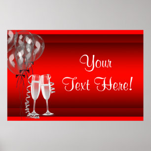 Champagne Balloons Red Party Banner Poster