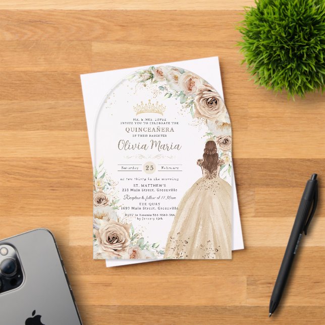 Champagne Beige Cream Floral Princess Quinceañera  Acrylic Invitations (Insitu (Invitation Card))