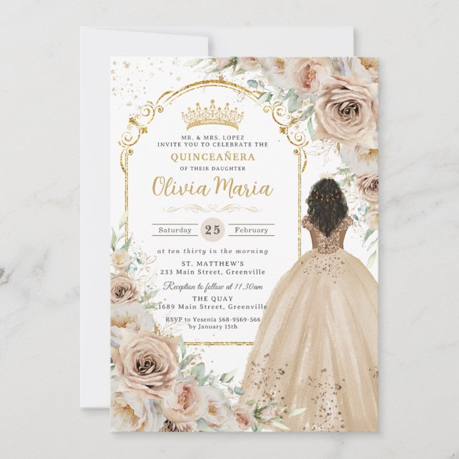Champagne Beige Cream Floral Princess Quinceañera  Invitation (Front)