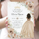 Champagne Beige Cream Floral Princess Quinceañera  Invitation<br><div class="desc">Personalise this elegant champagne floral Quinceañera / Sweet 16 birthday invitation easily and quickly. Simply click the customise it further button to edit the texts, change fonts and fonts colours. Featuring beautiful watercolor champagne flowers, a girl dressed in a lovely champagne ball gown and a champagne gold princess crown. Perfect...</div>
