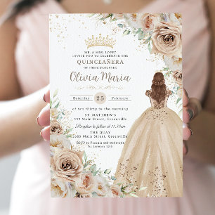 Champagne Beige Cream Floral Princess Quinceañera Invitation