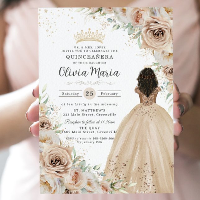 Champagne Beige Cream Floral Princess Quinceañera  Invitation (Creator Uploaded)