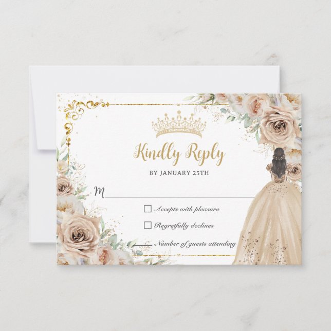 Champagne Beige Cream Floral Princess Quinceañera RSVP Card (Front)