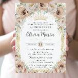 Champagne Beige Cream Floral Vintage Quinceañera  Invitation<br><div class="desc">Personalise this elegant champagne floral Quinceañera / Sweet 16 birthday invitation easily and quickly. Simply click the customise it further button to edit the texts,  change fonts and fonts colours. Featuring beautiful watercolor champagne flowers and a champagne gold princess crown. Matching items available in store. (c) Somerset Fine Paperie</div>