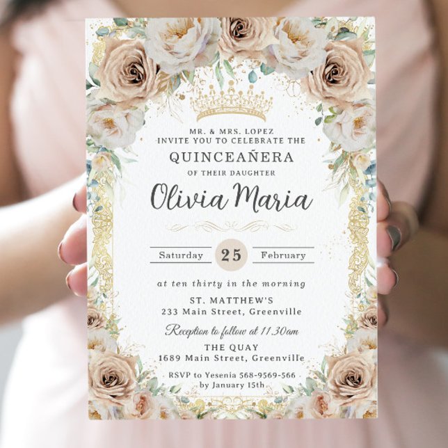Champagne Beige Cream Floral Vintage Quinceañera  Invitation (Creator Uploaded)
