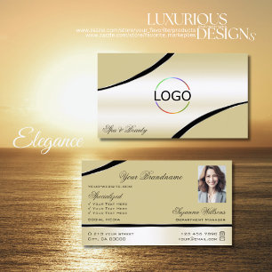 Champagne Beige Curved Decor Lines Logo and Photo Business Card