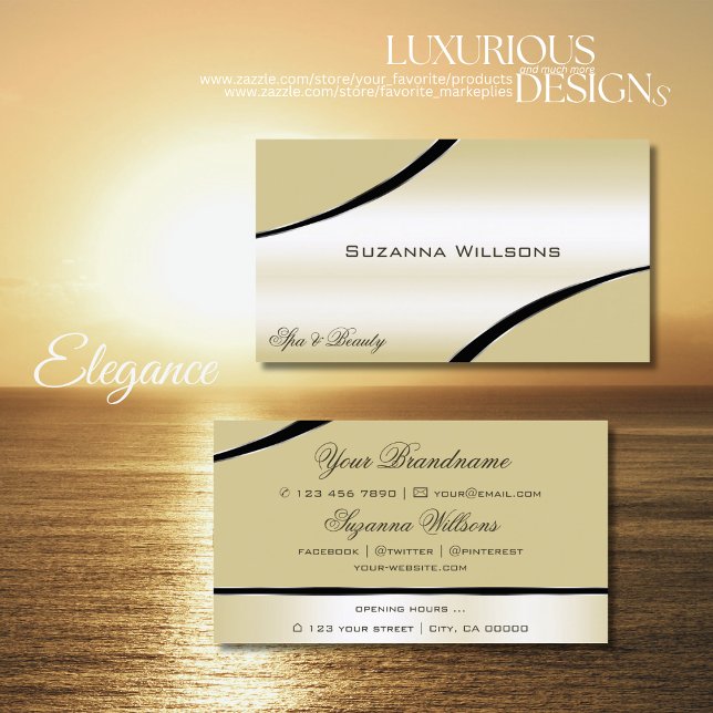 Champagne Beige Curved Decor Lines Shimmering Business Card (Creator Uploaded)