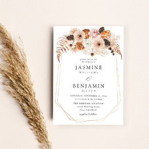 Champagne Beige & Orange Rustic Floral Wedding Invitation