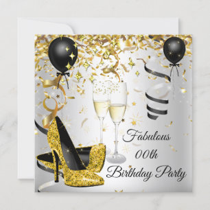 Champagne Birthday party Gold high Heels Silver Invitation