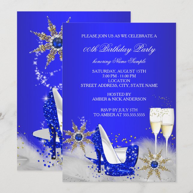 Champagne Birthday Party Royal Blue High Heels Invitation (Front/Back)