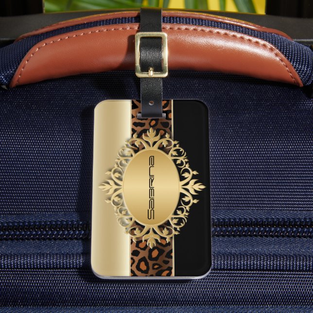 Champagne, Black and Leopard Animal Print Luggage Tag (Front Insitu 2)