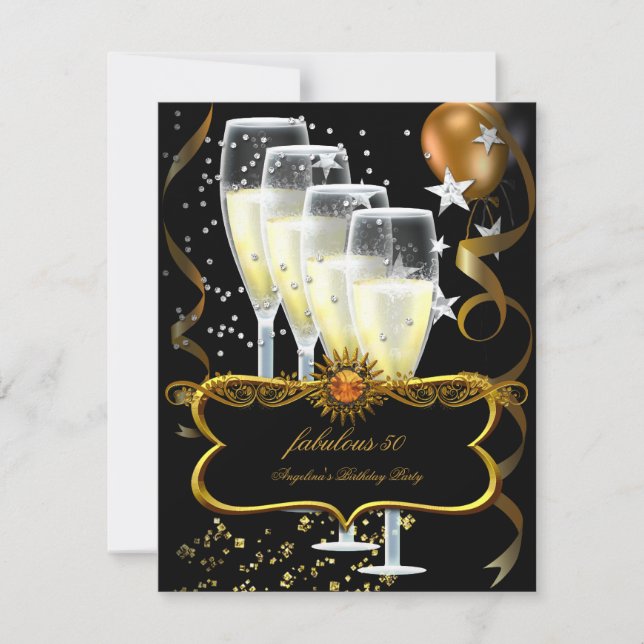 Champagne Black Gold Balloons Birthday Party Invitation (Front)
