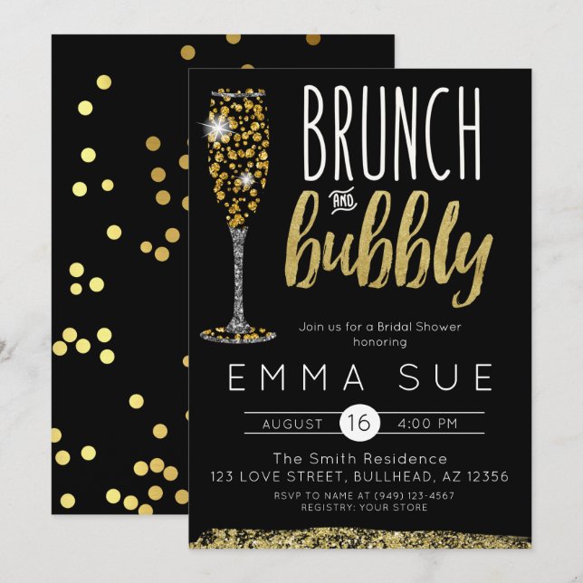 Champagne Black Gold Brunch & Bubbly Bridal shower Invitation (Front/Back)