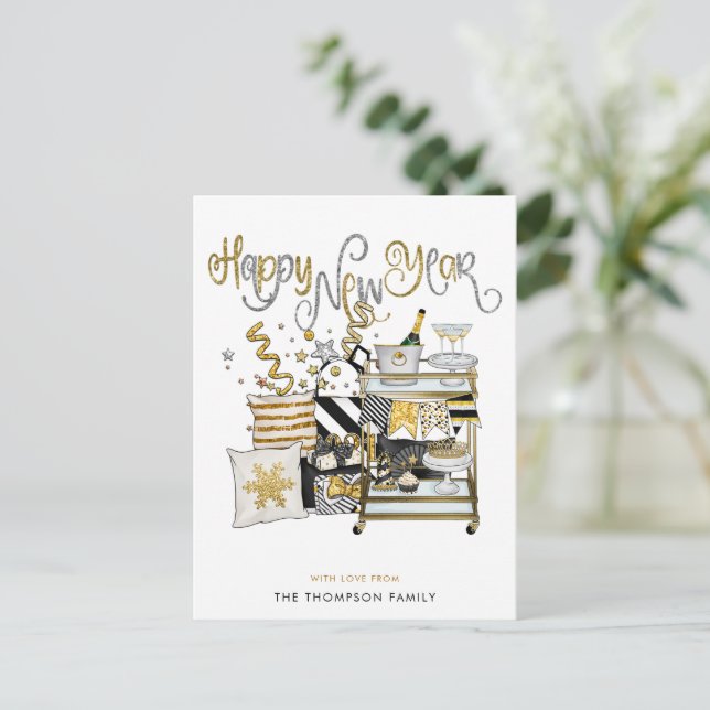 Champagne Black Gold Glitter Text Happy New Year Holiday Postcard (Standing Front)