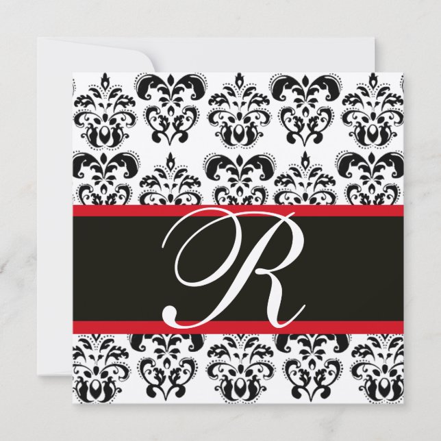CHAMPAGNE & BLACK  RED  DAMASK MONOGRAM , white Invitation (Front)