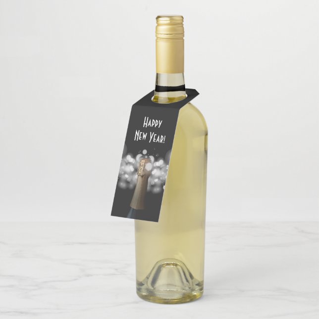 Champagne Black & White Bokeh Bottle Hanger Tag (Angled)