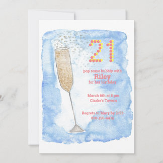 Champagne blue 21st birthday invitation