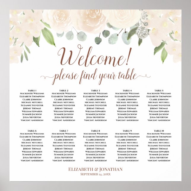 Champagne Blush Boho Roses 10 Table Seating Chart (Front)
