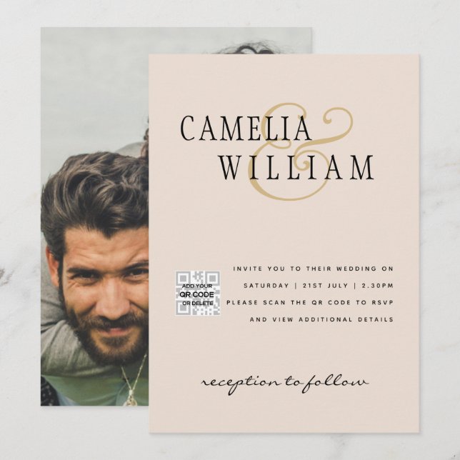 Champagne Blush PHOTO Wedding Invitation QR Code (Front/Back)