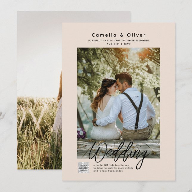 Champagne Blush PHOTO Wedding Invitation QR Code (Front/Back)