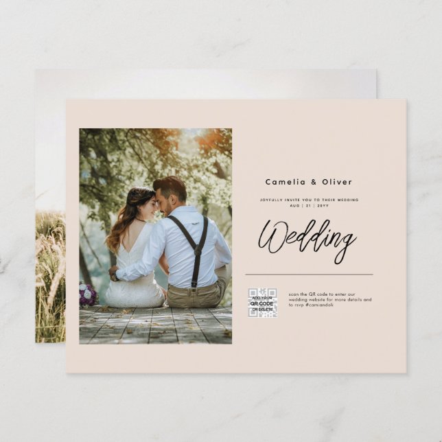 Champagne Blush PHOTO Wedding Invitation QR Code (Front/Back)