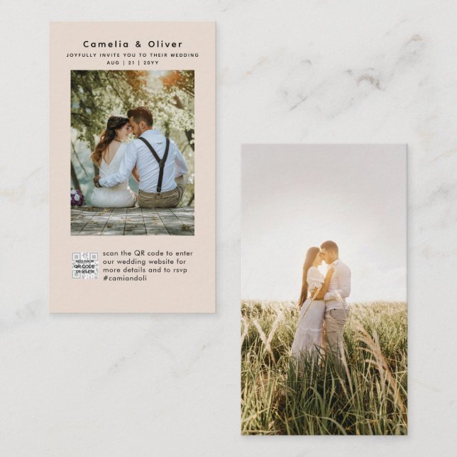 Champagne Blush PHOTO Wedding Invitation QR Code (Front/Back)
