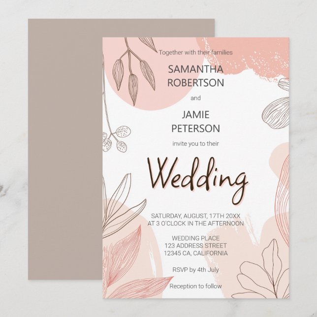 Champagne Blush Pink - Hand Drawn Floral Wedding Invitation (Front/Back)