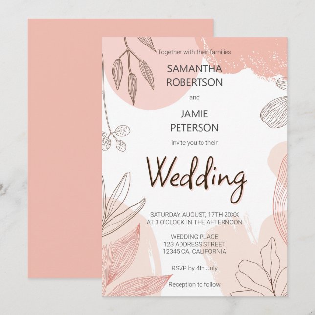 Champagne Blush Pink - Hand Drawn Floral Wedding Invitation (Front/Back)